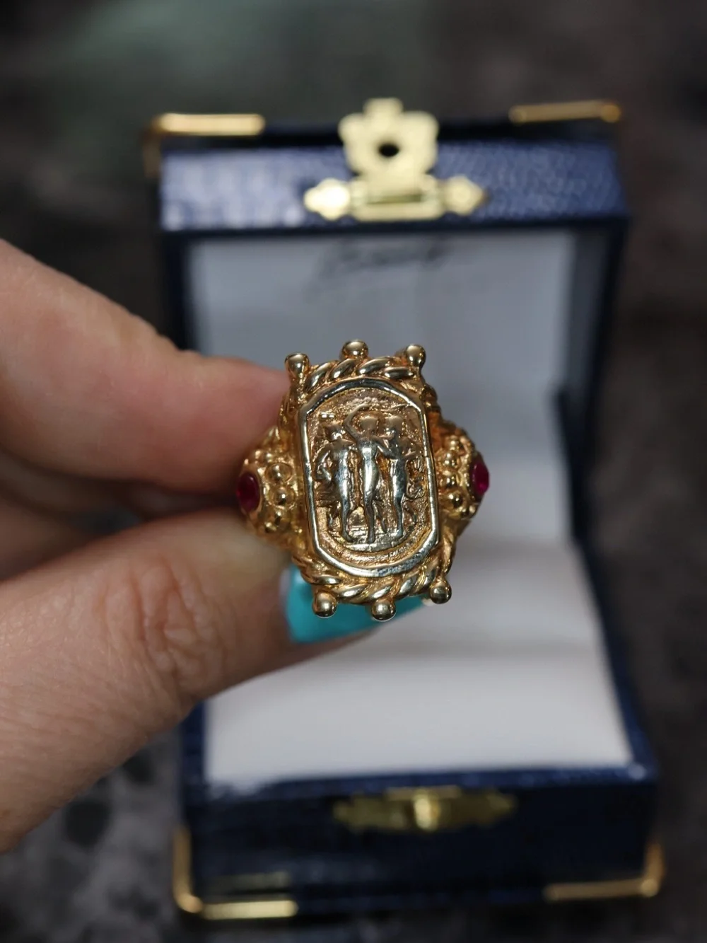 Gold Signet Ring with Red Ruby Accents. Hollow 14k gold